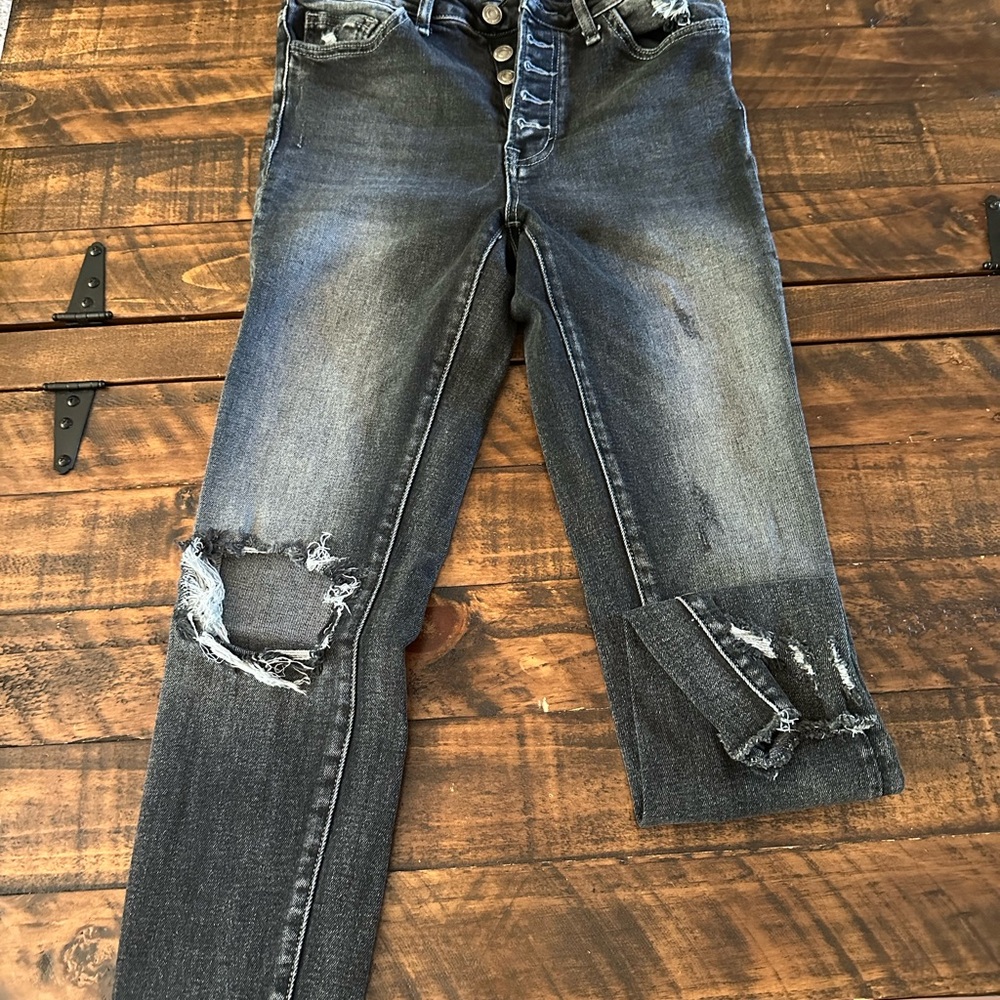 VERVET BY FLYING MONKEY Distressed Ankle Jeans - Dark Blue